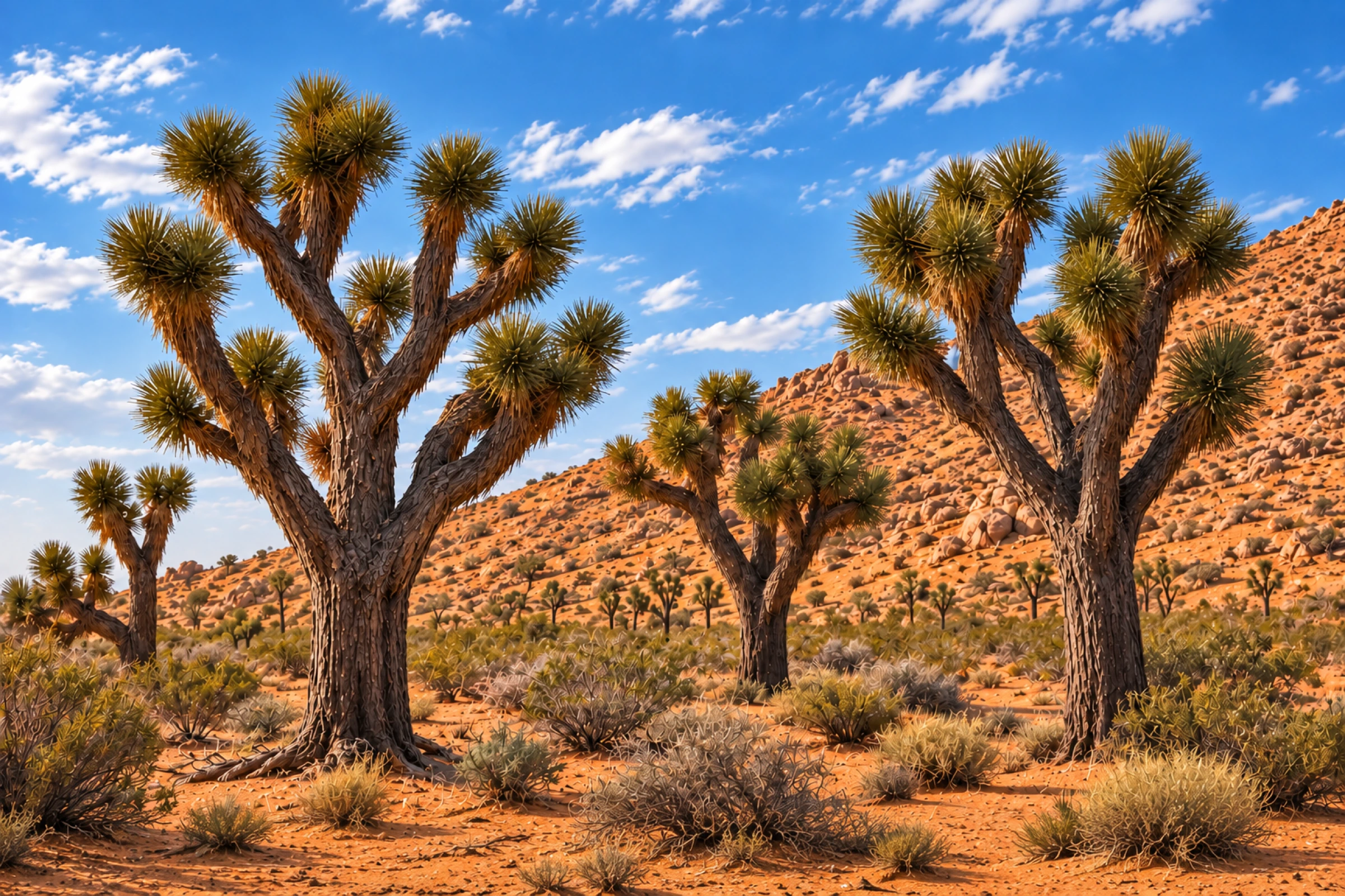 Joshua trees on a desert hillside under a bright sky
